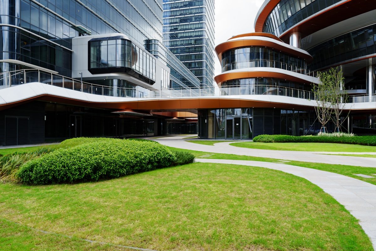 Well-maintained lawn and walkway at a commercial office property